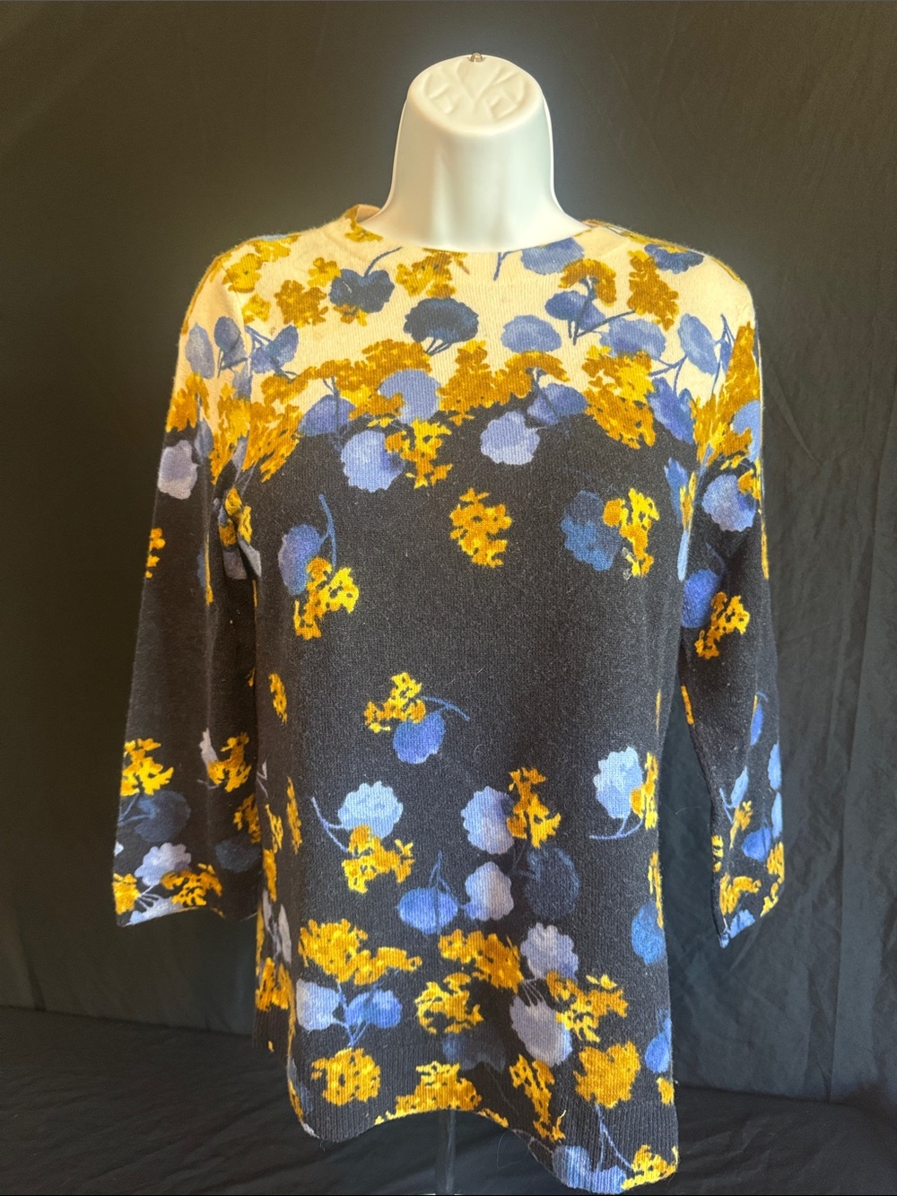 Talbots Navy Crewneck Sweater with Yellow & Blue Floral Print